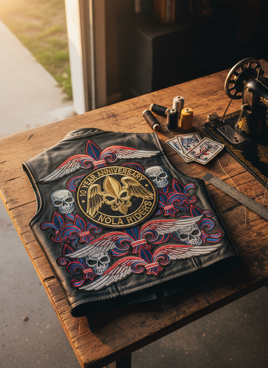 A neatly folded black leather motorcycle vest laid flat on a weathered wooden work table, adorned with intricately stitched custom patches featuring bold skulls, wings, and New Orleans fleur-de-lis designs. A bright, freshly sewn anniversary patch with metallic gold thread is centered on the back, its edges perfectly aligned. To the side rests a small stack of unopened patches and a metal ruler, with colorful threads snaking toward a partially visible sewing machine. Golden hour light from an unseen garage door washes across the table, creating long, warm shadows and accentuating the leather grain and thread sheen. Photographed from a slightly elevated angle with photographic realism, the composition feels focused and intentional, conveying pride in precise, custom work.