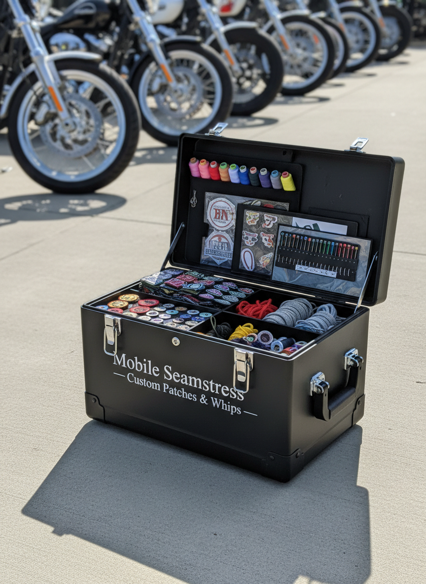 A sleek, black rolling toolbox converted into a mobile sewing station, its top lid open to reveal neatly organized compartments of thread cones, patch binders, paracord bundles, and upholstery needles. The front panel features a subtle vinyl decal reading “Mobile Seamstress – Custom Patches & Whips” in clean, modern typography. Parked on smooth concrete near a row of parked motorcycles, the toolbox casts a crisp shadow under bright but slightly diffused daylight. Chrome wheels of nearby bikes glint in soft focus behind, adding context without distraction. Photographed at a three-quarter angle with moderate depth of field, the image conveys efficiency, mobility, and readiness, all in a realistic, contemporary style that underscores the traveling nature of the service.