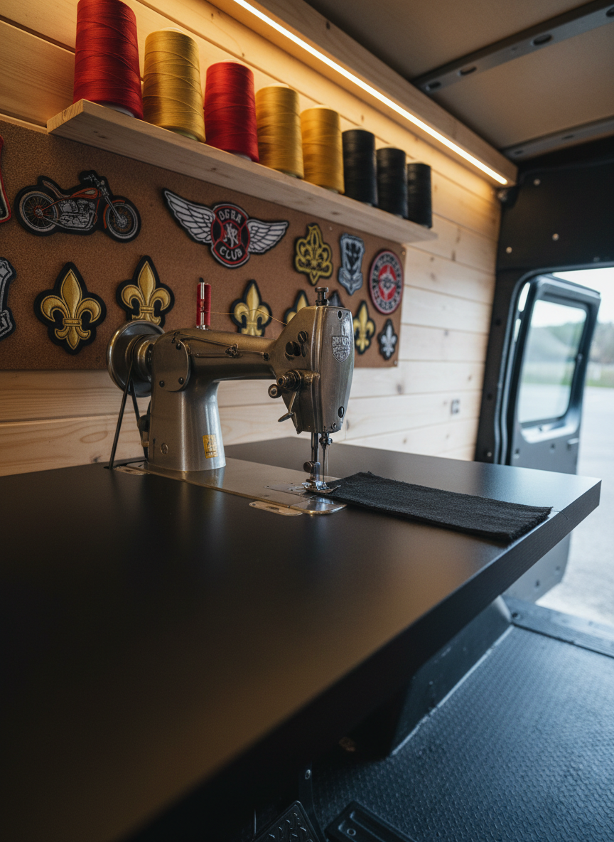 A close-up, photographic image of an industrial-strength sewing machine mounted on a sleek, matte-black portable workbench inside a customized cargo van. Spools of bright thread in red, gold, and black line a narrow shelf above, with neatly arranged patches featuring motorcycles, club logos, and fleur-de-lis emblems pinned to a fabric display board behind. Warm LED strip lights along the van ceiling cast a focused, even glow on the machine’s metal surfaces, creating subtle reflections and soft shadows. Shot at eye level with a shallow depth of field so the needle area is in crisp focus while the background softly blurs. The mood is professional and mobile, emphasizing readiness and craftsmanship in a realistic, documentary style.