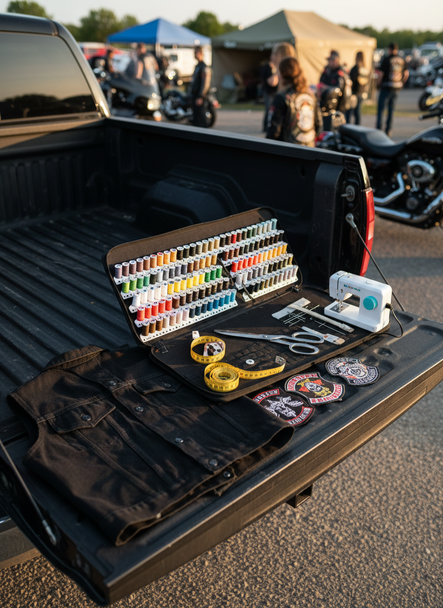 An open, portable sewing kit spread across the tailgate of a dark pickup truck at an outdoor event, displaying rows of colorful thread spools, heavy-duty needles, fabric scissors, measuring tape, and a compact handheld sewing machine. A black denim vest with a blank back panel lies beside the kit, ready for custom work, while a small stack of biker rally patches sits neatly arranged nearby. Late afternoon sunlight creates a warm, golden cast over the scene, with gentle shadows emphasizing the textures of denim, metal, and plastic. Photographed from above in a clean, documentary style, the composition is organized yet practical, evoking the feeling of a traveling repair and customization station that can pop up at any bike night or anniversary party.