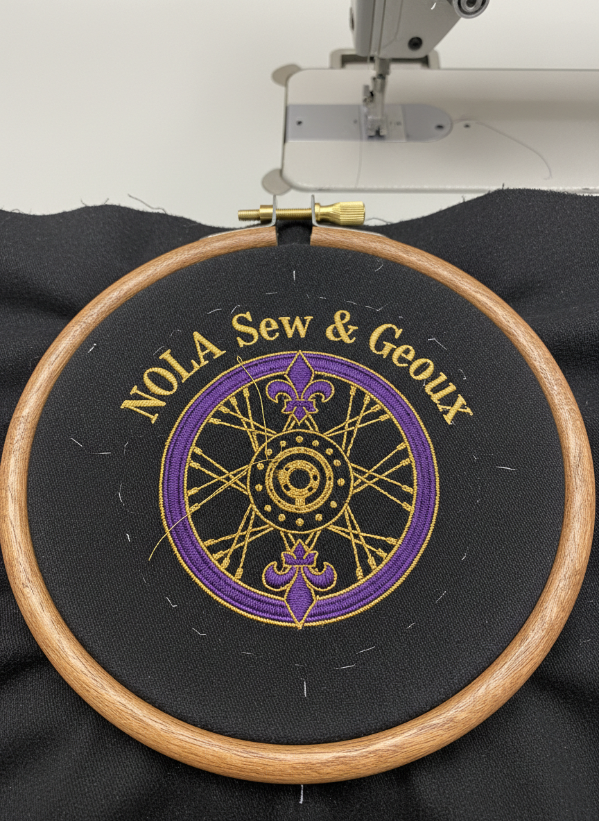 A detailed close-up of a heavy-duty embroidery hoop clamped around thick black fabric, mid-stitch on a circular patch design that combines a stylized motorcycle wheel with a subtle fleur-de-lis motif and the text “NOLA Sew & Geaux” in curved lettering. The metallic embroidery thread glints in deep gold and rich purple against the dark background, with tiny thread ends and chalk placement marks visible for authenticity. The hoop rests on a smooth, neutral-colored work surface with just the edge of an industrial sewing machine visible in soft focus. Neutral studio lighting from above creates even illumination with minimal shadows, highlighting the precision of each stitch. Shot straight down with tight framing, the image feels meticulous, modern, and brand-focused, ideal for representing a custom mobile seamstress business.