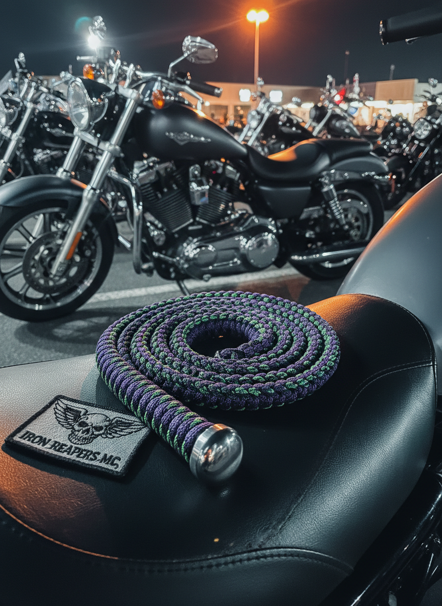 A coiled paracord whip in deep purple, black, and neon green resting on a clean black vinyl bike seat, the braiding pattern tight and uniform with a polished steel handle cap catching the light. The motorcycle’s chrome details and matte paint form a blurred backdrop, with a small embroidered patch casually placed near the whip, hinting at custom club branding. Nighttime ambient light from a nearby bike night parking lot casts cool, diffused highlights on the chrome while a warm overhead light adds gentle contrast on the whip’s texture. Captured at a low angle with the whip dominating the foreground and a soft bokeh of out-of-focus motorcycles and lights in the distance, the mood is edgy, nocturnal, and distinctly biker-culture oriented.