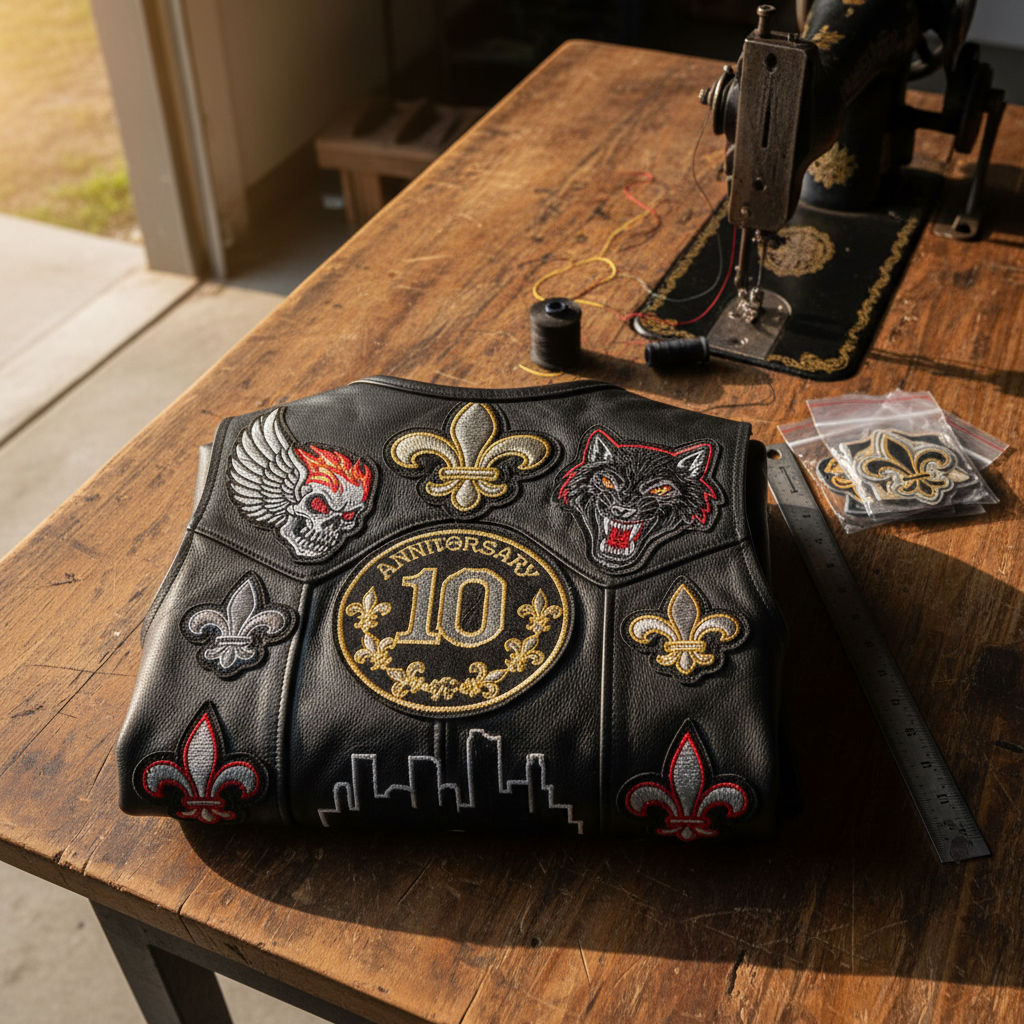 A neatly folded black leather motorcycle vest laid flat on a weathered wooden work table, adorned with intricately stitched custom patches featuring bold skulls, wings, and New Orleans fleur-de-lis designs. A bright, freshly sewn anniversary patch with metallic gold thread is centered on the back, its edges perfectly aligned. To the side rests a small stack of unopened patches and a metal ruler, with colorful threads snaking toward a partially visible sewing machine. Golden hour light from an unseen garage door washes across the table, creating long, warm shadows and accentuating the leather grain and thread sheen. Photographed from a slightly elevated angle with photographic realism, the composition feels focused and intentional, conveying pride in precise, custom work.