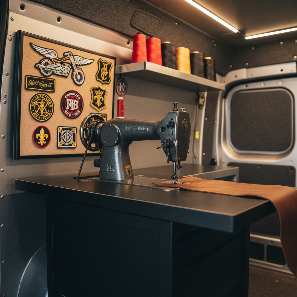 A close-up, photographic image of an industrial-strength sewing machine mounted on a sleek, matte-black portable workbench inside a customized cargo van. Spools of bright thread in red, gold, and black line a narrow shelf above, with neatly arranged patches featuring motorcycles, club logos, and fleur-de-lis emblems pinned to a fabric display board behind. Warm LED strip lights along the van ceiling cast a focused, even glow on the machine’s metal surfaces, creating subtle reflections and soft shadows. Shot at eye level with a shallow depth of field so the needle area is in crisp focus while the background softly blurs. The mood is professional and mobile, emphasizing readiness and craftsmanship in a realistic, documentary style.