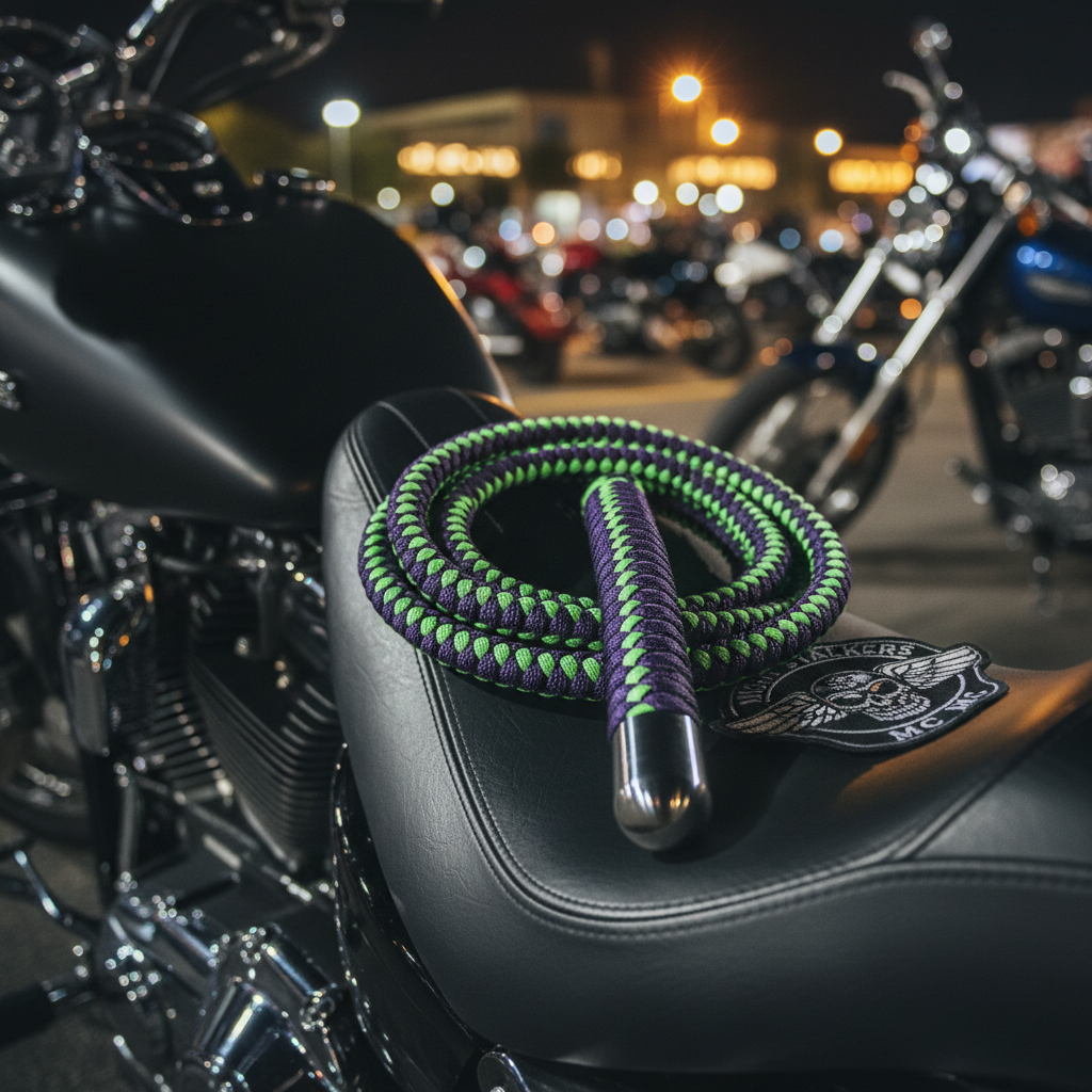 A coiled paracord whip in deep purple, black, and neon green resting on a clean black vinyl bike seat, the braiding pattern tight and uniform with a polished steel handle cap catching the light. The motorcycle’s chrome details and matte paint form a blurred backdrop, with a small embroidered patch casually placed near the whip, hinting at custom club branding. Nighttime ambient light from a nearby bike night parking lot casts cool, diffused highlights on the chrome while a warm overhead light adds gentle contrast on the whip’s texture. Captured at a low angle with the whip dominating the foreground and a soft bokeh of out-of-focus motorcycles and lights in the distance, the mood is edgy, nocturnal, and distinctly biker-culture oriented.